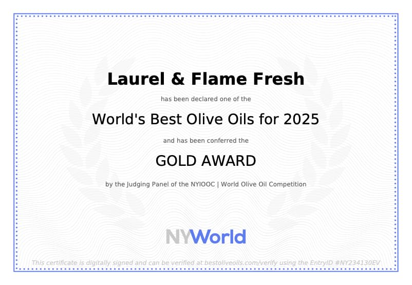 Laurel & Flame Fresh - Extra Virgin Olive Oil - ''Best Greek Olive Oil'' Award - Cold Pressed - Polyphenol Rich (1,212 Mg/Kg) -