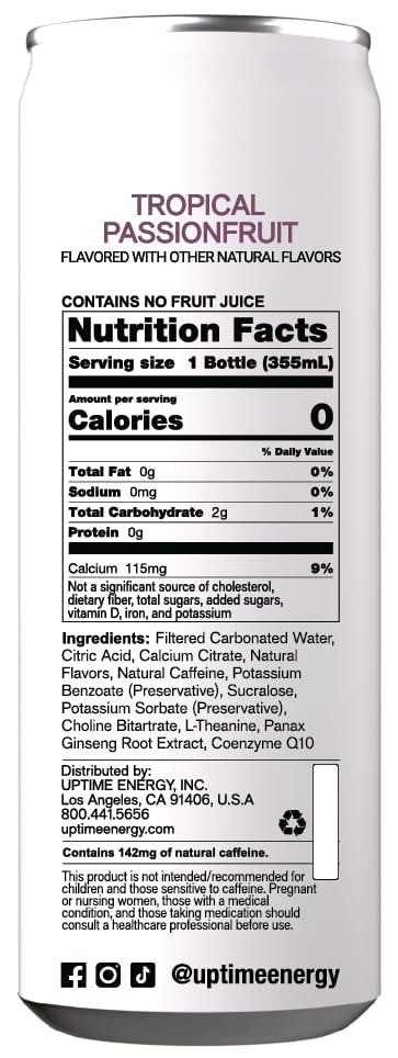 UPTIME Tropical Passionfruit Energy Drink - Zero Sugar, Natural Caffeine, 12oz Cans, Pack of 12