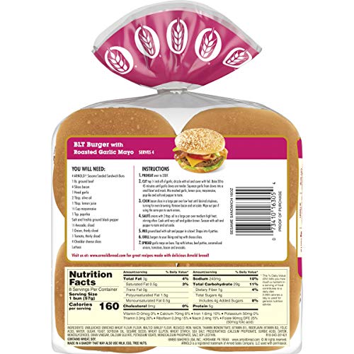 Arnold Sesame Seed Buns, 8 count, (2.0 oz each), White Hamburger Buns, 16 oz Bag