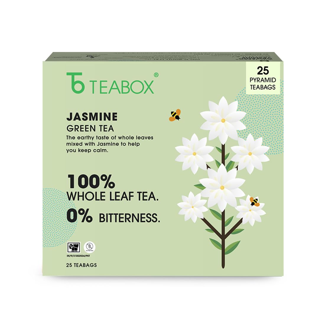 Teabox Organic Jasmine Green Tea 25 Teabags | Sourced From Madurai | Made With 100% Whole Leaf, Natural Jasmine Flowers & Natura