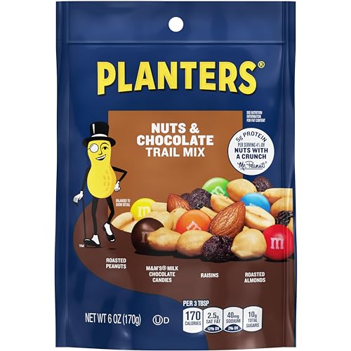 Planters Nuts & Chocolate Trail Mix with Roasted Peanuts (M&M Chocolate Candies, Raisins & Roasted Almonds, 12 ct Pack, 6 oz Bag