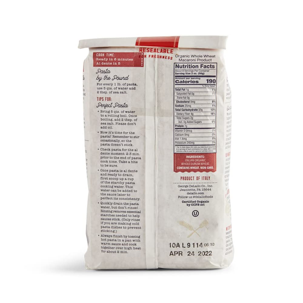 DeLallo Organic Whole Wheat Elbow Macaroni, 1lb Package, 8-Pack