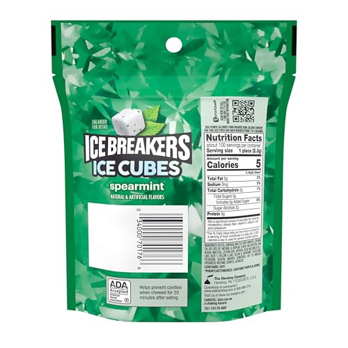 Ice Breakers Ice Cubes Spearmint Sugar Free Chewing Gum Pouch, 8.11 Oz (100 Pieces), (Packaging May Vary)