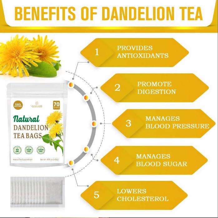 GEELOD Organic Dandelion Root Tea Bags, 70 Count, Non-GMO, Caffeine-Free, Vegan, Eco-Conscious