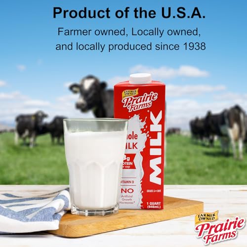 Prairie Farms Whole Milk, Shelf Stable, Boxed & Ultra Pasteurized (Uht), Vitamin D White Milk - Preservative And   Free, Gluten Free, Kosher, Made In Usa - 1 Quart (4 Pack)