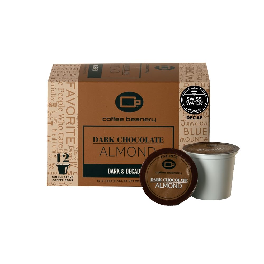 Coffee Beanery Dark Chocolate Almond Decaf Coffee Pods, Medium Roast, 12 Count Pack