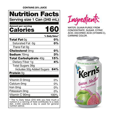Kern's Guava Juice Nectar - 11.5oz Canned Drinks, Fresh Fruit Puree for Smoothies, Cocktails, Kids Beverages - Pack of 24
