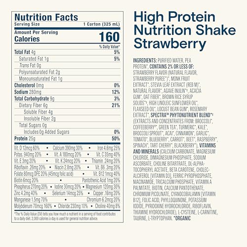 KATE FARMS Organic High Protein Strawberry Nutrition Shake  25g Protein  6g Fiber  27 Vitamins and Minerals  0g Sugar  Protein Drink  11 oz (6 Pack)