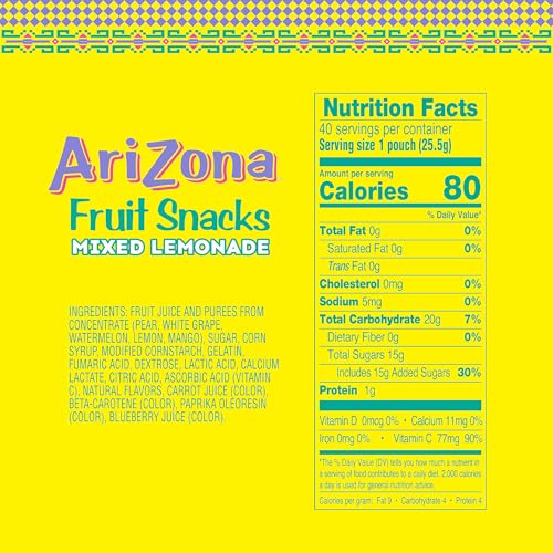 Arizona Sour Lemonade Fruit Snacks, Sour Lemonade - 0.9 Oz, 40 Count Box
