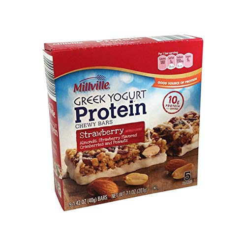MILLVILLE Greek Yogurt Chewy Bars, 10g Protein, Strawberry Flavor, 6x6x1.5 inches