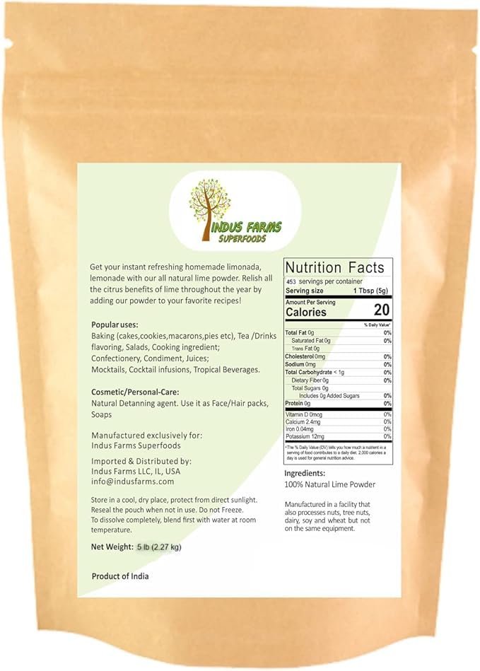 Indus Farms Superfoods All Natural Lime Juice Powder, 5 Lb (Value Pack), Plant-Based Natural Citrus Flavor For Seasoning, Drink