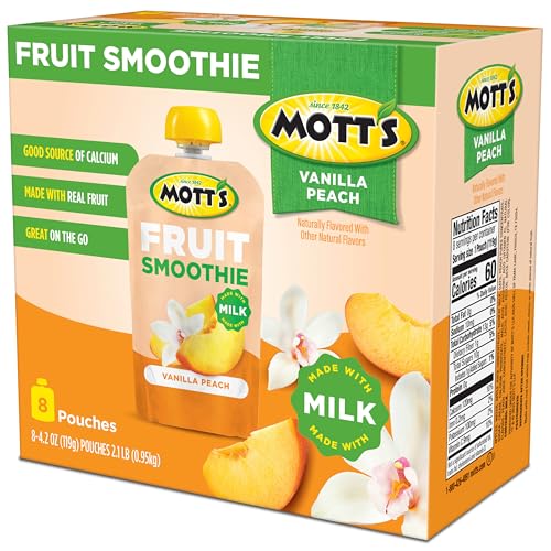 Motts Fruit Smoothies Vanilla Peach, 4.2 oz clear pouches, 8 Pack, Made With Milk, Made With Real Fruit, Good Source of Calcium,