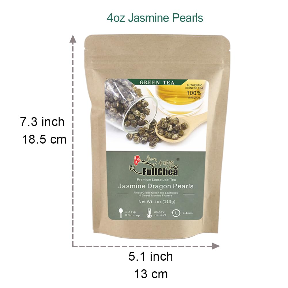FullChea Jasmine Pearl Tea - Loose Leaf Green Tea with Delightful Aroma - 4oz / 113g