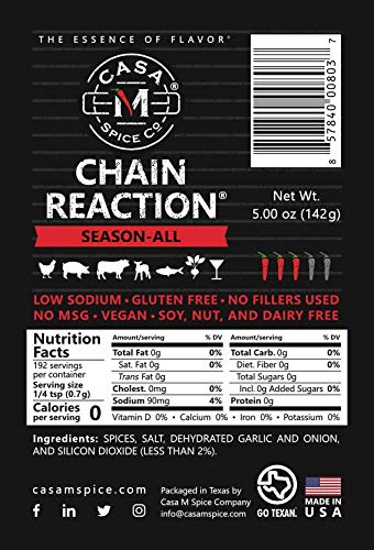 Casa M Spice Co® Chain Reaction® Season-All BBQ Spices, Low Sodium, No MSG, Gluten Free, Keto Friendly, Stainless Shaker, 1-Cup Seasoning