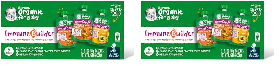 Gerber Organic For Baby 2Nd Foods Pouches Immune Builder Variety Pack (3) Carrot Apple Mango (3) Mango Peach Carrot Sweet Potato
