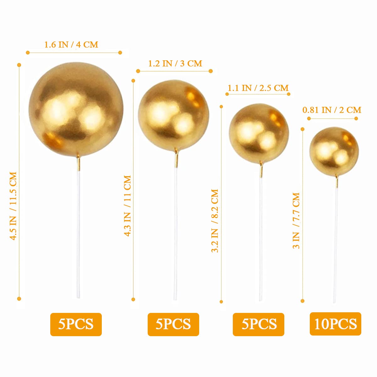 HZMM Foam Pearl Balls Cake Toppers, 25 Pcs, Gold, Model 800400, for Birthdays, Weddings, Baby Showers
