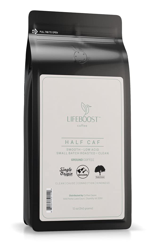 LIFEBOOST Half Caff Ground Coffee - Low Acid, Non-GMO, USDA Organic - 12 Ounce