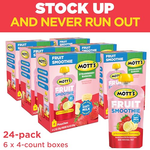 Motts Fruit Smoothies Strawberry Banana, 4.2 oz Clear Pouches, 24 Count (6 Packs of 4), Non-dairy, Made With Oatmilk, Made With
