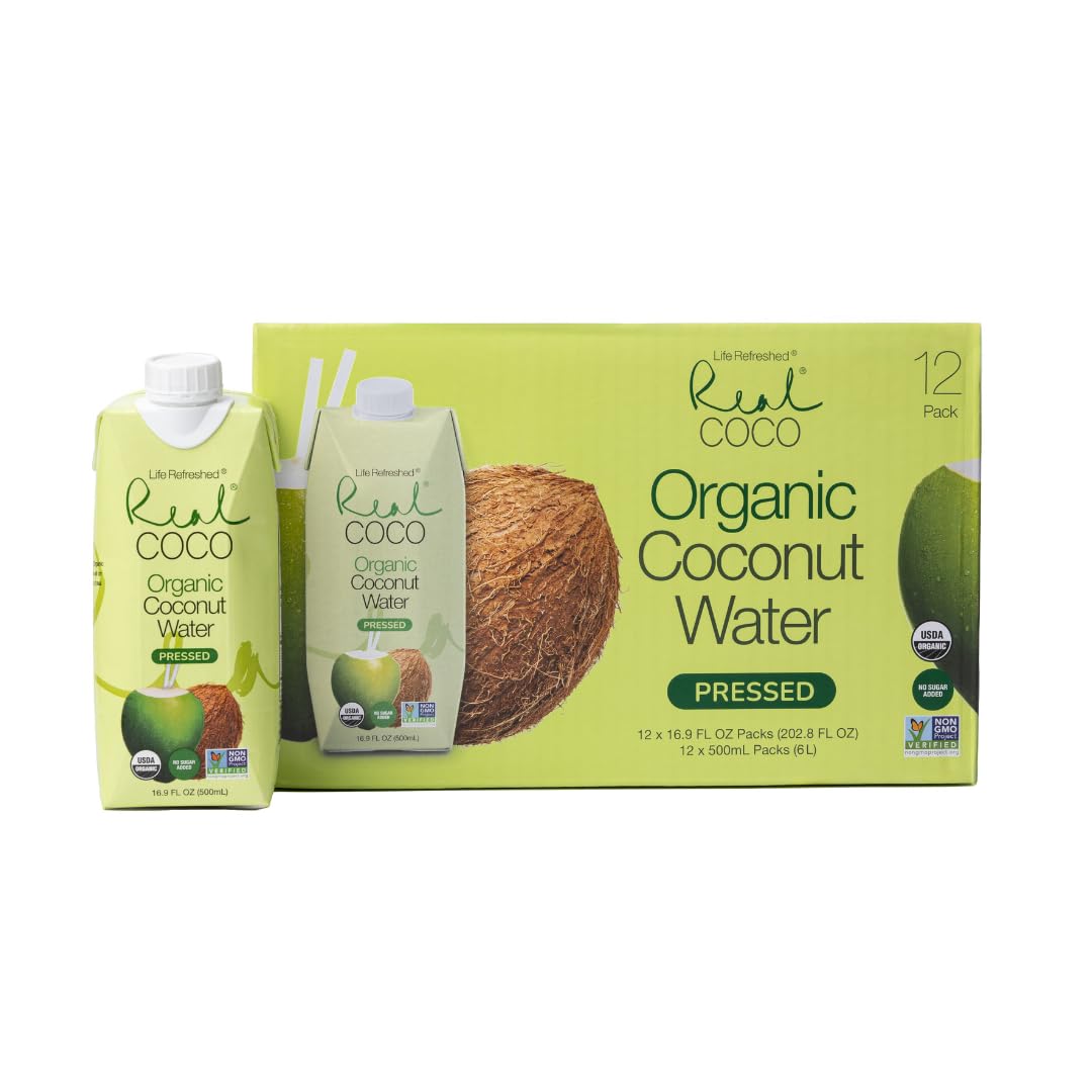 Real Coco Organic Pressed Coconut Water (12-Pack 500mL), USDA Organic, No Sugar Added, Essential Electrolytes, Plant Based, NON 