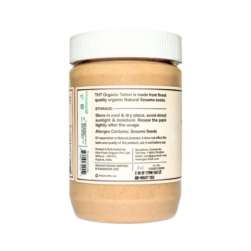 Organic Tahini Paste 16 oz (1lb) - Unhulled White Sesame Tahini Dressing - USDA Certified  Gluten Free  Kosher - Creamy Organic Tahini Sauce for Dressigns  Dips  Spreads & Hummus - The Holly Tree