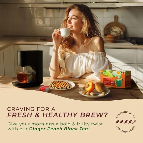 Gya Tea Co Ginger Peach Black Tea Pods, Caffeinated, 16 Count, Enjoy Hot or Iced