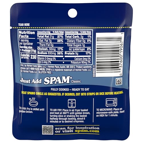 SPAM Classic Single  9 Grams of Protein Per Serving  2.5 oz Single Pouches  (12 Pack)