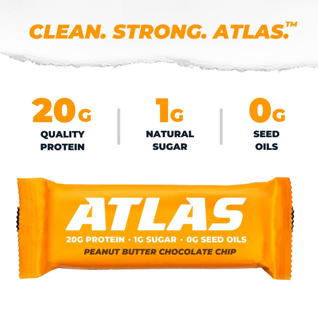 Atlas Bar - 20g Protein, 1g Sugar, 0g Seed Oils, 0g Artificial Sweeteners (Peanut Butter Chocolate Chip, 36 Count)