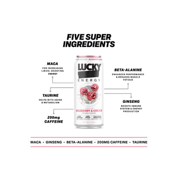 Lucky Energy Sugar Free Energy Drink, 16oz Cans, 12-Pack, Rizzberry and Cream, Zero Sugar, 200mg Caffeine