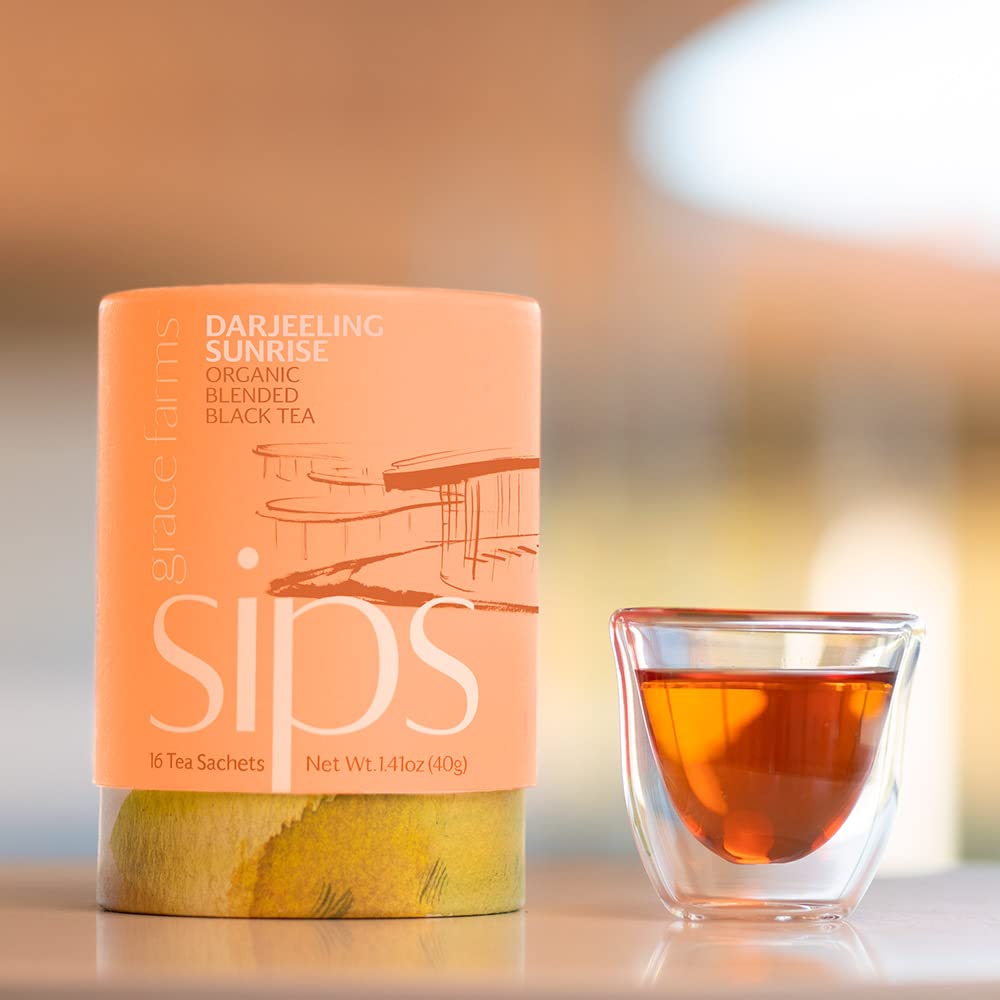 Grace Farms Organic Darjeeling Sunrise Black Tea, 16 Pyramid Sachets, Fairtrade, Kosher, Orange Flavor