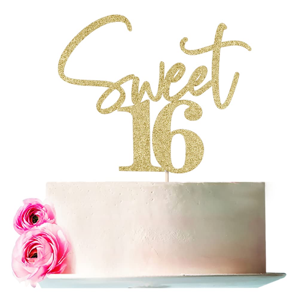Bejotaa Gold Sweet 16 Cake Topper - Premium Glitter Paper Decoration
