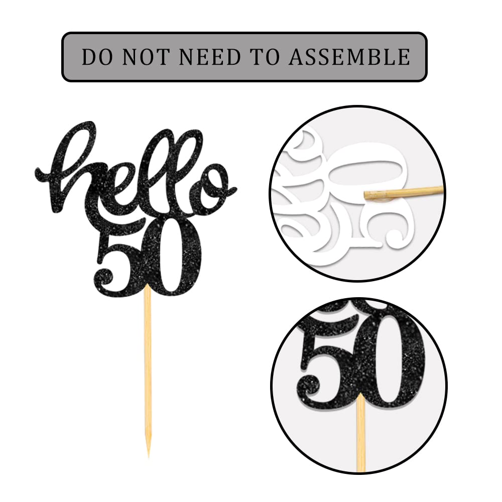 24 Pcs Black Glitter 50Th Birthday Cupcake Toppers For 50Th Birthday Celebrating Party Decorations