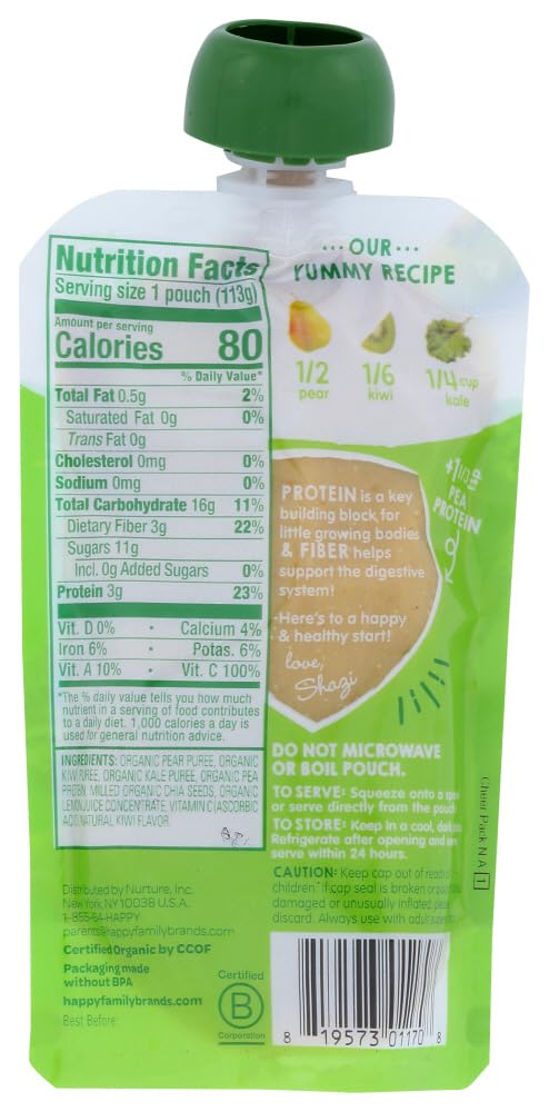 Happy Tot Fiber & Protein Stage 4 Organic Toddler Food Pears Kiwi & Kale, 4 Ounce Pouch Fruit And Veggie Blend Toddler Snack Pou