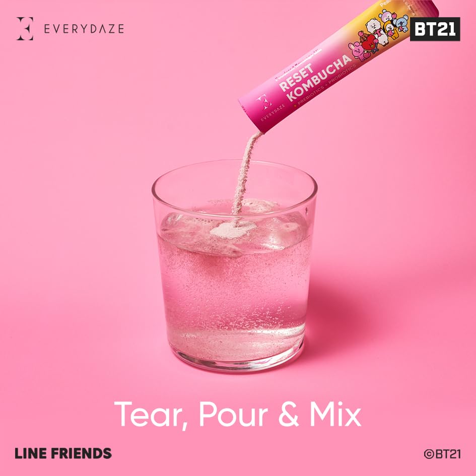E EVERYDAZE BT21 Kombucha Tea Powdered Beverage Mix, Vegan, No Added Sugar, 10 Sticks, 0.18 Ounce, Sparkling Peach Flavor