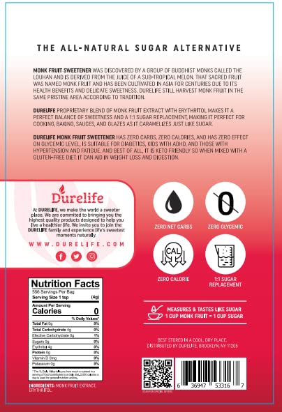 Durelife Monk Fruit Sweetener, Sugar Substitute, Keto Diet Friendly, Zero Calorie, White Sugar Substitute, Classic White - 1 Lb