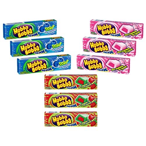 Hubba Bubba Max Bubble Gum - Variety Pack 3 Flavors (Total Of 9 Packs Of Gum) - Sour Blue Raspberry Bubble Gum - Strawberry Wate