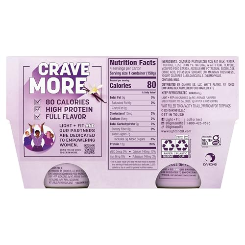 Dannon Light + Fit Greek Vanilla Fat Free Yogurt, Creamy and Delicious Gluten Free Yogurt, 4 Ct, 5.3 OZ Yogurt Cups
