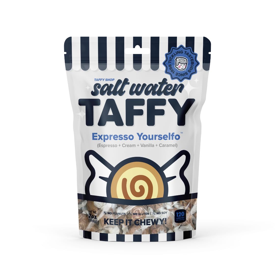Taffy Shop Expresso Yourselfo, Expresso, Cream, Vanilla, Caramel Salt Water Taffy - Gourmet Soft Chewy Candy, Bulk Sweet Snack, 