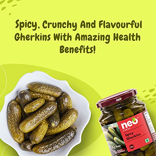 Neo Spicy Gherkins 350G I 100% Vegan, No Gmo I Low Fat Sweet And Crunchy Pickles, Ready To Eat I Enjoy As Salads (Pack Of 1)