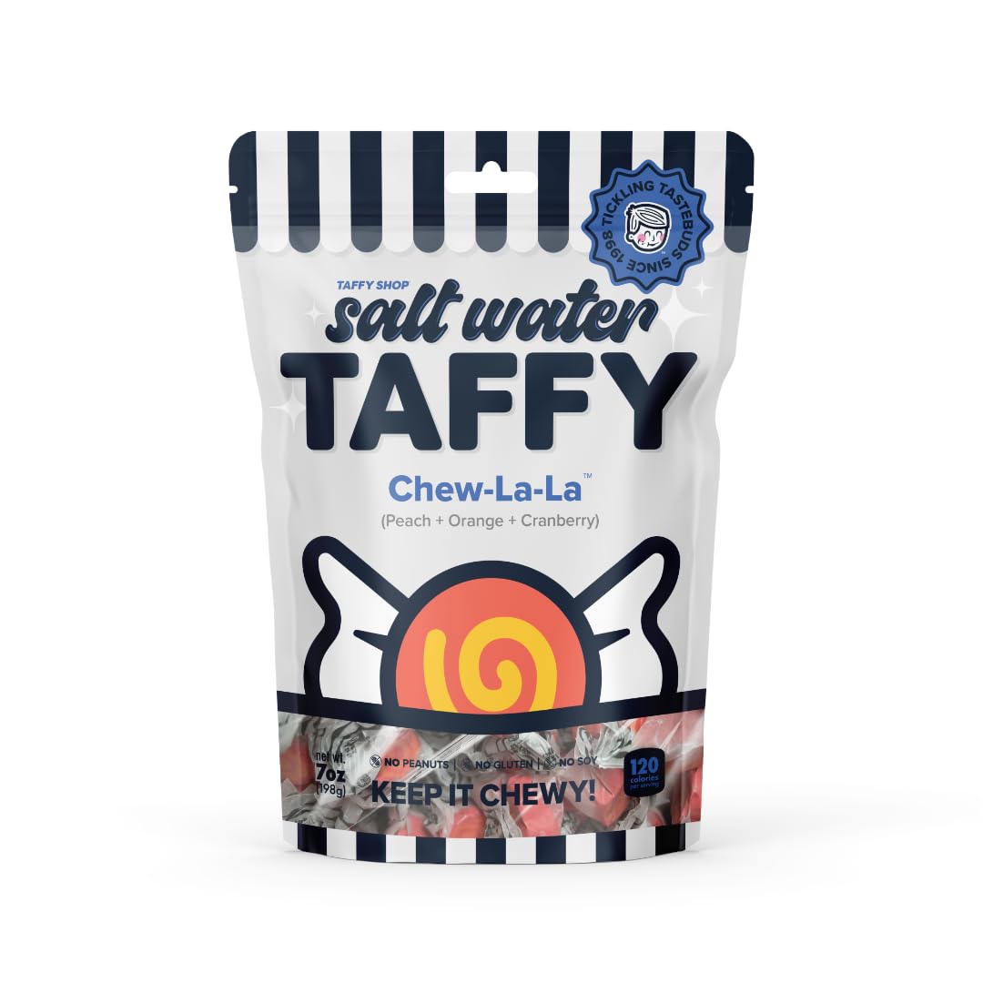 Taffy Shop Chew-La-La, Peach, Orange, Cranberry Salt Water Taffy - Gourmet Soft Chewy Candy, Bulk Sweet Snack, Fresh Gift & Glut