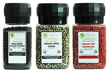 Indus Organics Black and Green Peppercorns Combo Pack, 6 Oz + 4 Oz, Premium Grade, Freshly Packed, Grinder Jars