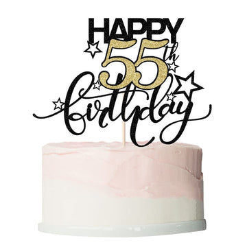 Bekaterea Happy Birthday Cake Topper,Black Font Golden Numbers 55Th Birthday Cake Decoration,Hello 55, Cheers To 55Years/55Th An