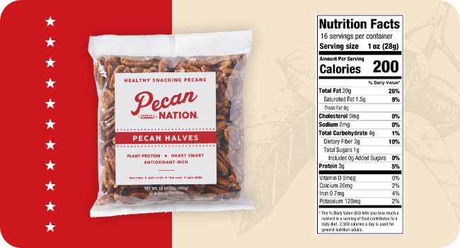 Pecan Nation All Natural Unsalted Pecan Halves 16 oz., No preservatives, Antioxidant-Rich, Low Carb, Healthy Nut Snack for Adult