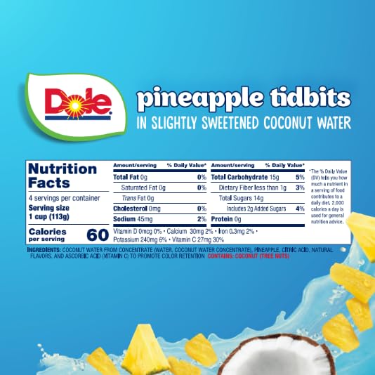 Dole Pineapple Tidbits in Coconut Water - Dole Fruit Bowls Snacks - 4 oz Fruit Bowls - 24 Pack
