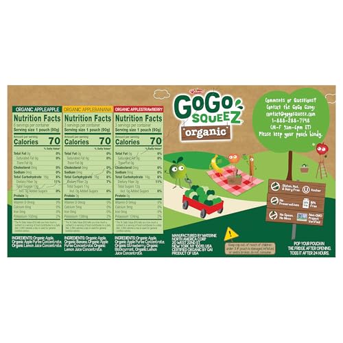 GoGo squeeZ Organic Applesauce and Fruit Puree  Variety Pack  Apple  Strawberry & Banana  3.2 oz (Pack of 12)  Unsweetened Organic Fruit Snacks for Kids  No Gluten  Nut & Dairy  BPA Free Pouches