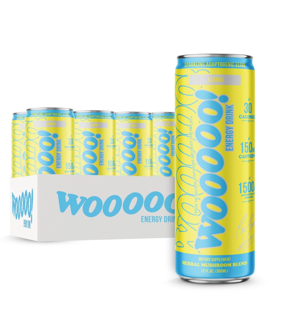 Wooooo! Energy Sparkling Adaptogenic Mushroom Drink - 150mg Caffeine, Natural Antioxidants, 12 Pack (Lemon)