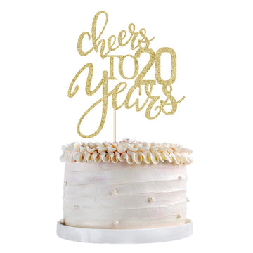 Qertesl Gold Glitter Cheers To 20 Years Cake Topper, Happy 20Th Birthday Cake Decorations,Perfect For 20 Years Cake Decorating,W
