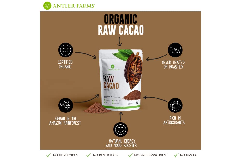 Antler Farms - 100% Pure Organic Raw Cacao Powder, 40 Servings, 200G - Vegan, Gluten Free, Cultivated Naturally In Large Online Retailer Rainforest, Certified Usda Organic