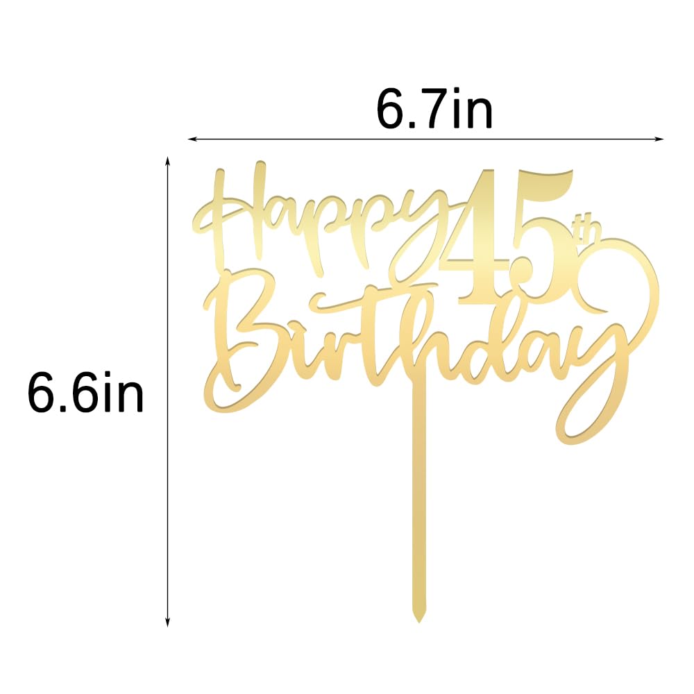 Happy 45Th Birthday Cake Topper,Mirrored Gold Acrylic Durable Cake Topper,45Th Birthday Party Cake Decorations,Hello 45Th Years