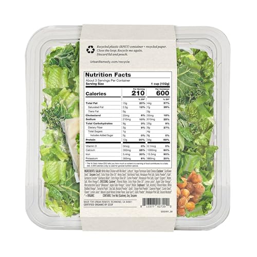 Urban Remedy Organic Chicken Caesar Salad, 6.5 oz, High-Protein Ready-to-Eat Meal with Organic Lettuce, Kale, Chicken, Caesar Dr