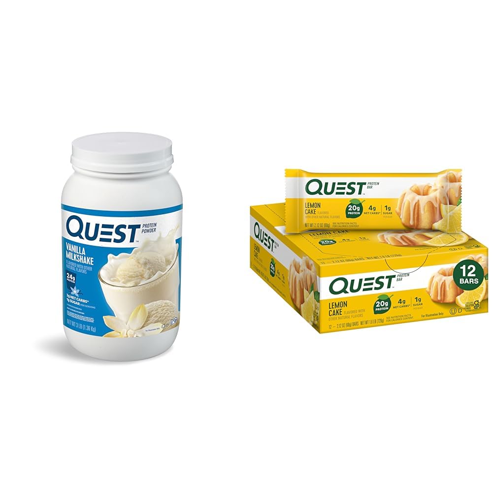 Quest Vanilla Milkshake Protein Powder, 24g Protein, 43 Servings & Lemon Cake Protein Bars, 20g Protein, Gluten Free, 12 Count